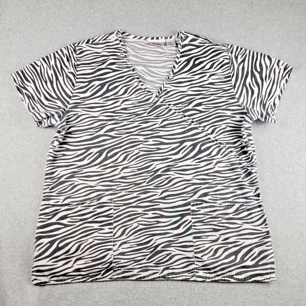 Restop Scrubs Womens Large L White Black Zebra Print V Neck Short Sleeve Medical